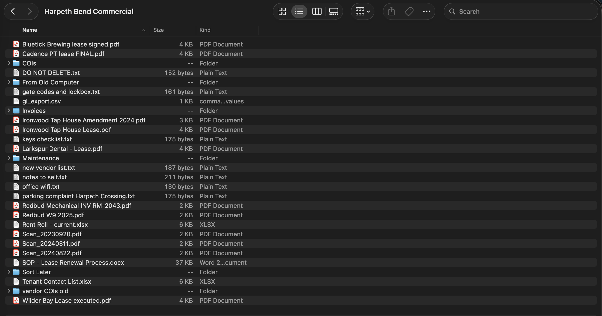 macOS Finder window titled Harpeth Bend Commercial in list view. Twenty-seven unsorted items at a single level, including folders named Sort Later, From Old Computer, and vendor COIs old, loose files named notes to self.txt and DO NOT DELETE.txt, three files named Scan followed by a date, and a spreadsheet named Rent Roll - current.xlsx.