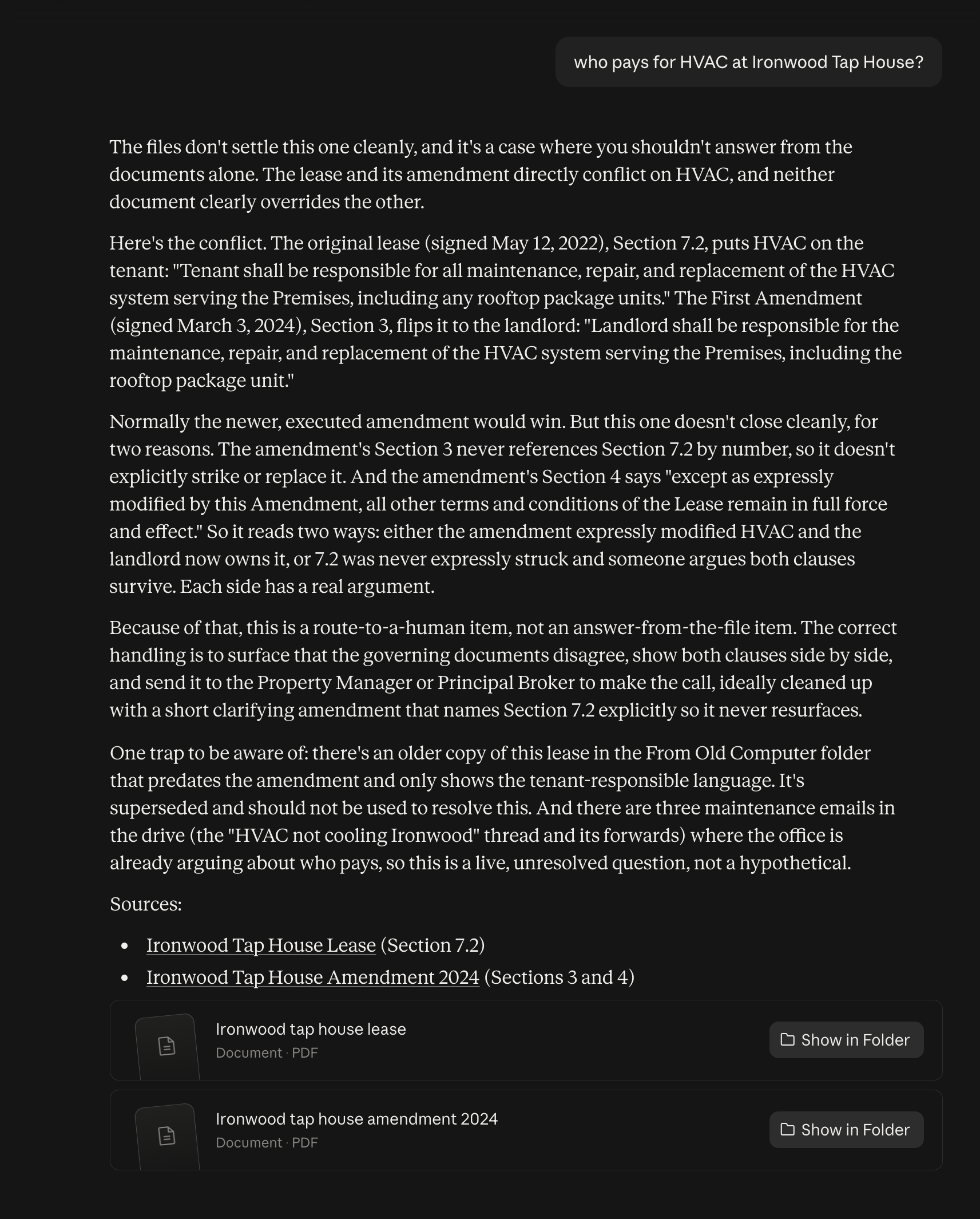 Screenshot of a Cowork session. The question reads "who pays for HVAC at Ironwood Tap House?" The response declines to answer, quoting Section 7.2 of the original lease putting HVAC on the tenant and Section 3 of the First Amendment putting it on the landlord, explains that the amendment never references 7.2 by number so neither clearly governs, and routes the decision to the Property Manager or Principal Broker. Two source documents are cited.