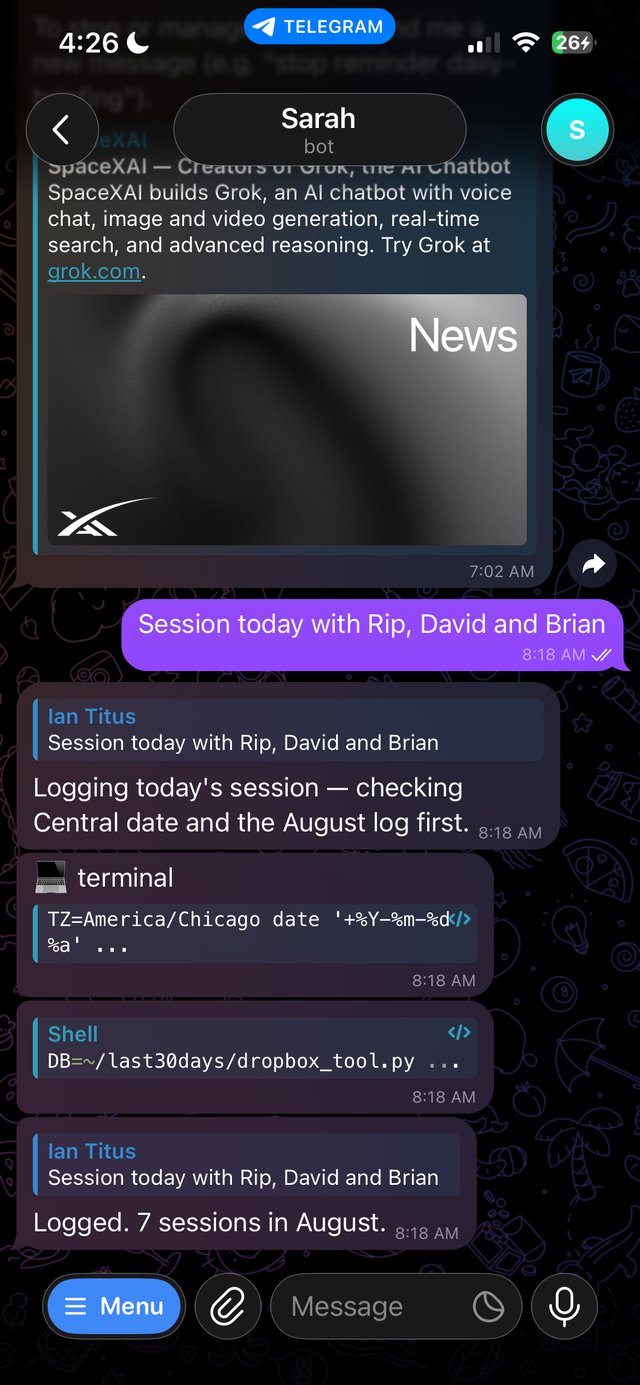 The agent delivering a morning briefing over Telegram.
