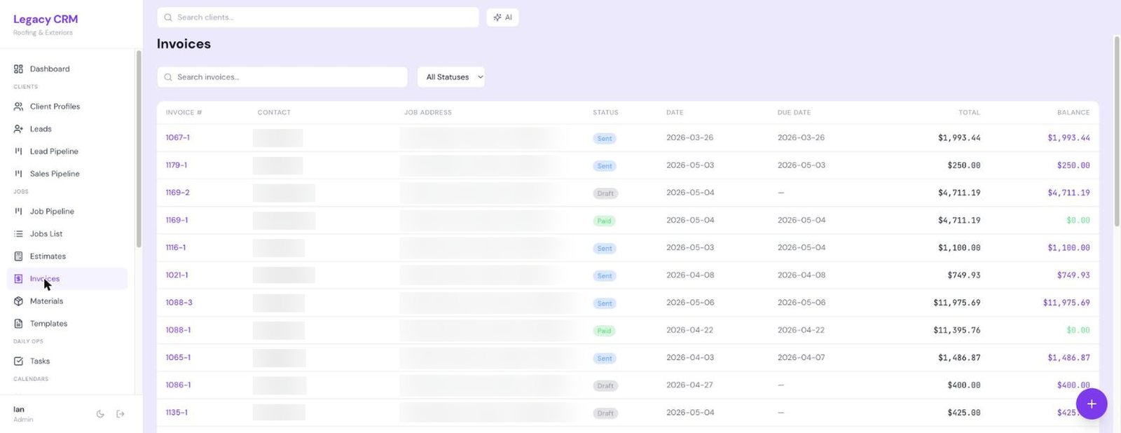 Invoicing view with payment tracking across the estimate-to-paid lifecycle.