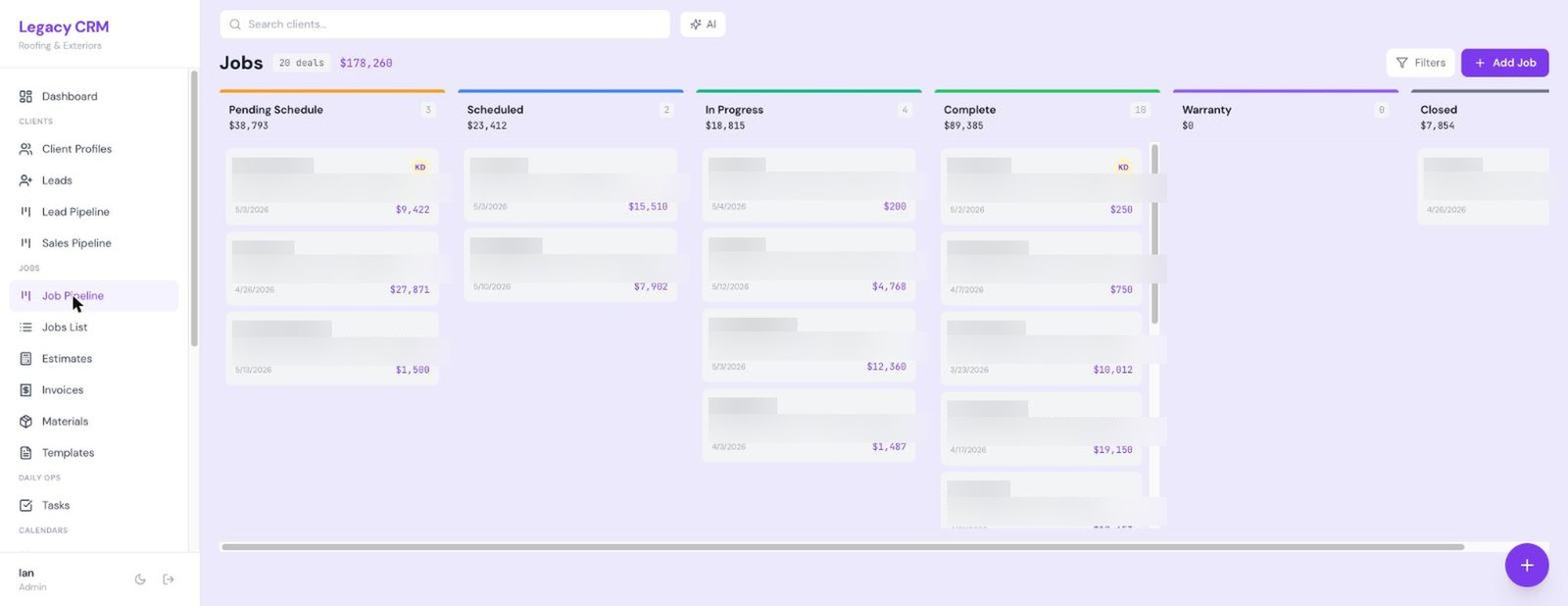 Job pipeline board: every job on a card, moving left to right through the production stages.