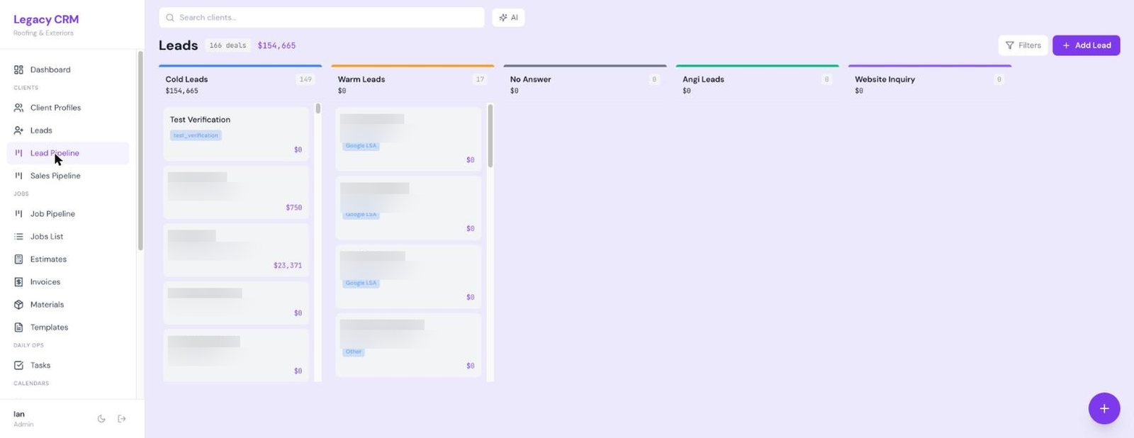Lead pipeline with source tracking, showing where each lead came from.