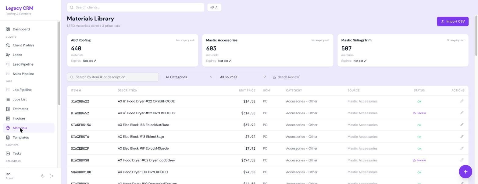 Materials library: 1,550 items imported from supplier price sheets by OCR.