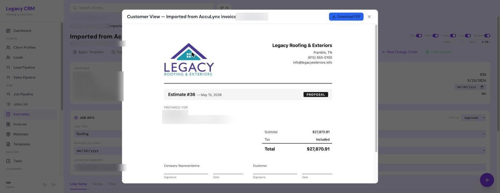 Customer portal with an e-signature step for approving an estimate.