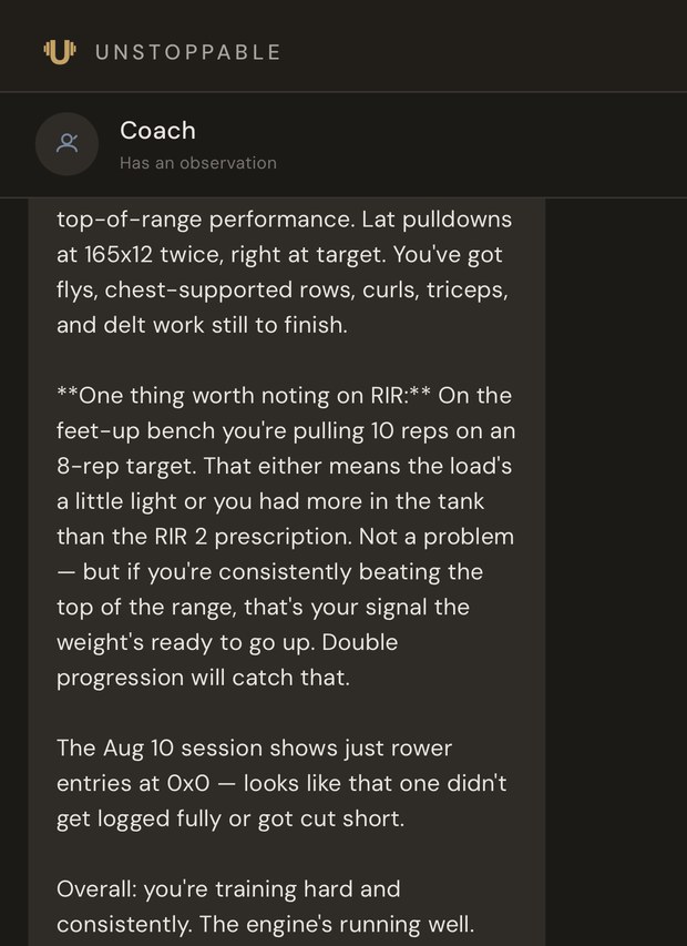The AI coach in conversation with a client inside the app.